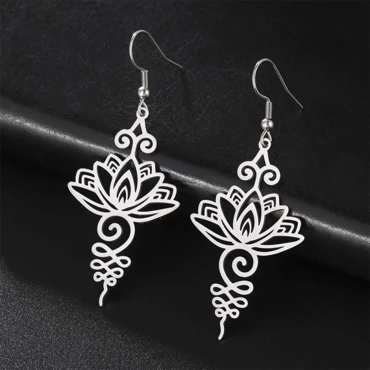 BWOOOH Hollow Lotus Flower Stainless Steel Enlightenment Metal Drop Earrings — natural stone crystal healing bracelet for ...
