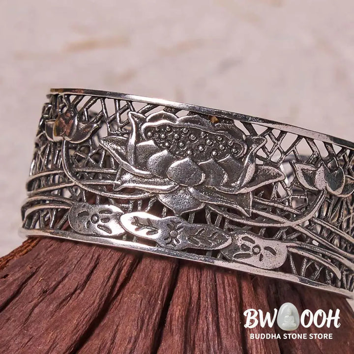 Buddha Stones Hollow Lotus Silver Plated Copper Healing Enlightenment Bracelet Bangle - BWOOOH - Bracelet Bangle