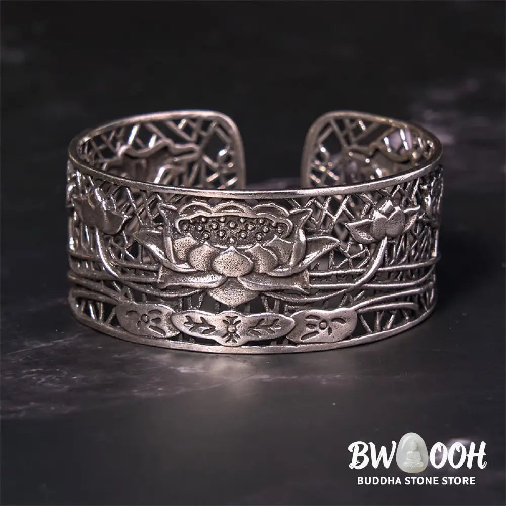Buddha Stones Hollow Lotus Silver Plated Copper Healing Enlightenment Bracelet Bangle - BWOOOH - Bracelet Bangle