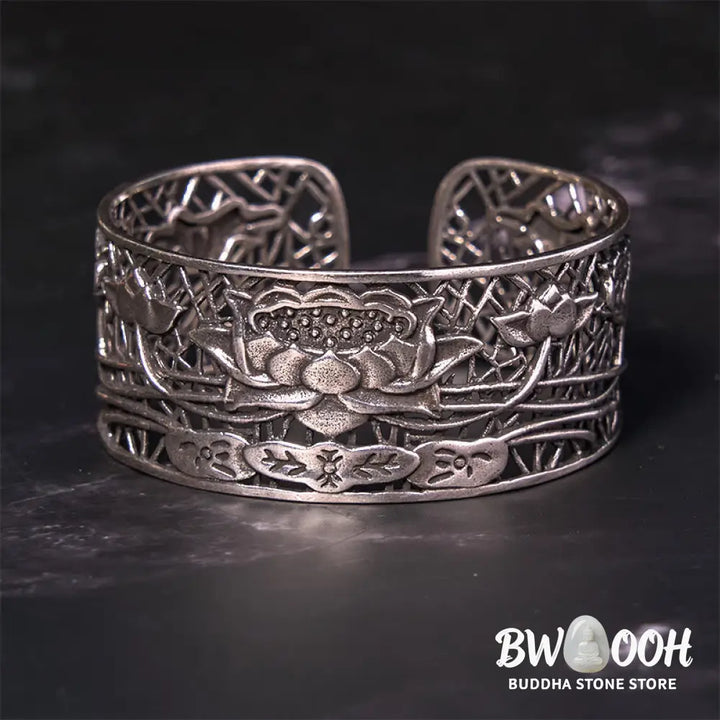Buddha Stones Hollow Lotus Silver Plated Copper Healing Enlightenment Bracelet Bangle - BWOOOH - Bracelet Bangle