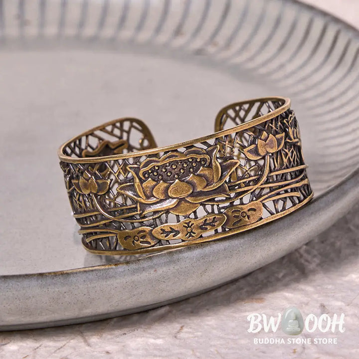 Buddha Stones Hollow Lotus Silver Plated Copper Healing Enlightenment Bracelet Bangle - BWOOOH - Bracelet Bangle