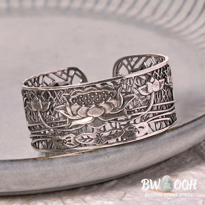 Buddha Stones Hollow Lotus Silver Plated Copper Healing Enlightenment Bracelet Bangle - BWOOOH - Bracelet Bangle