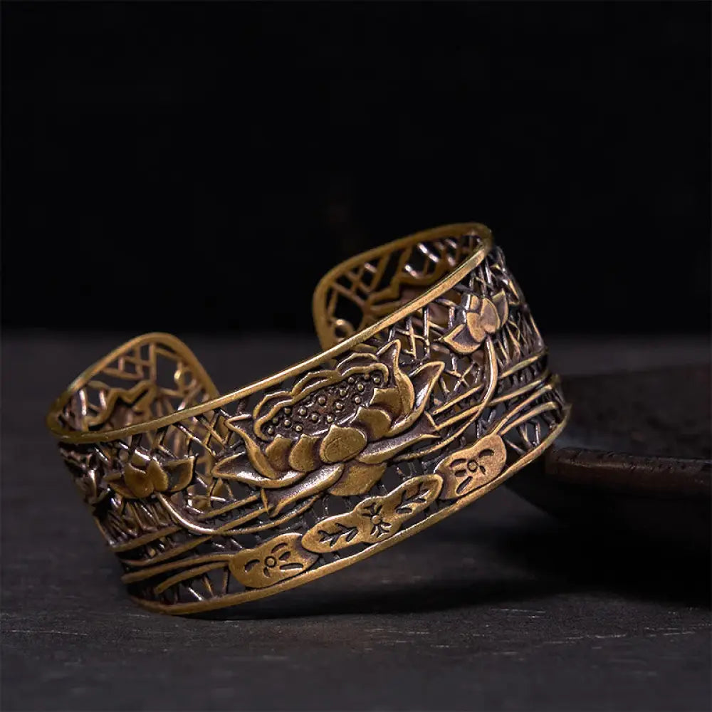 Buddha Stones Hollow Lotus Silver Plated Copper Healing Enlightenment Bracelet Bangle - BWOOOH - Copper(Wrist