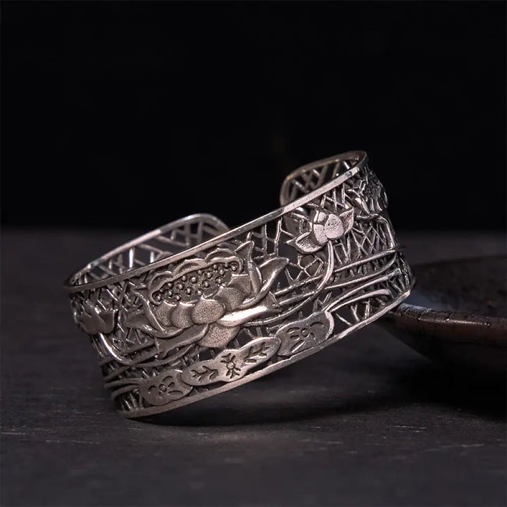 BWOOOH Hollow Lotus Silver Plated Copper Healing Enlightenment Bracelet Bangle - BWOOOH - Silver Plated
