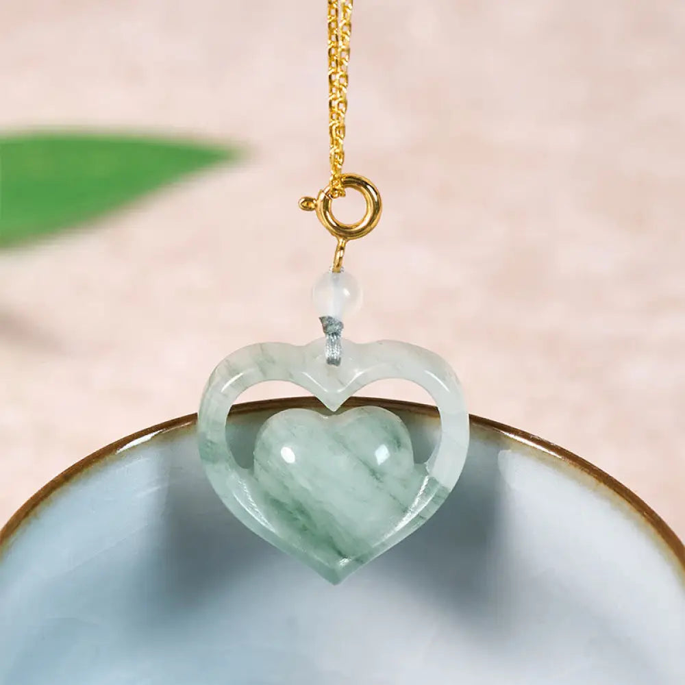 Buddha Stones Hollow Love Heart Jade Abundance Necklace Pendant - Golden-Natural Jade(Color&Size May Vary) - Necklaces