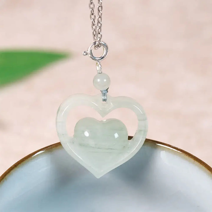 Buddha Stones Hollow Love Heart Jade Abundance Necklace Pendant - Silver-Natural Jade(Color&amp;Size May Vary) - Necklaces