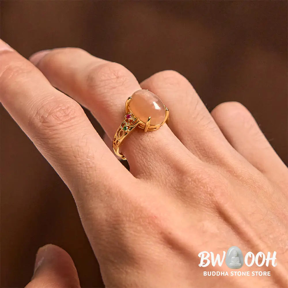Buddha Stones Hollow Vine Design Peach Moonstone Adjustable Happiness Ring - Peach Moonstone(Size: about