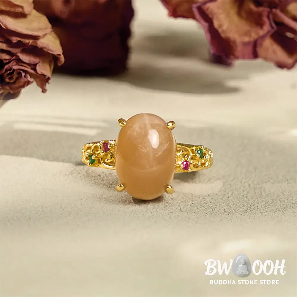 Buddha Stones Hollow Vine Design Peach Moonstone Adjustable Happiness Ring - Peach Moonstone(Size: about