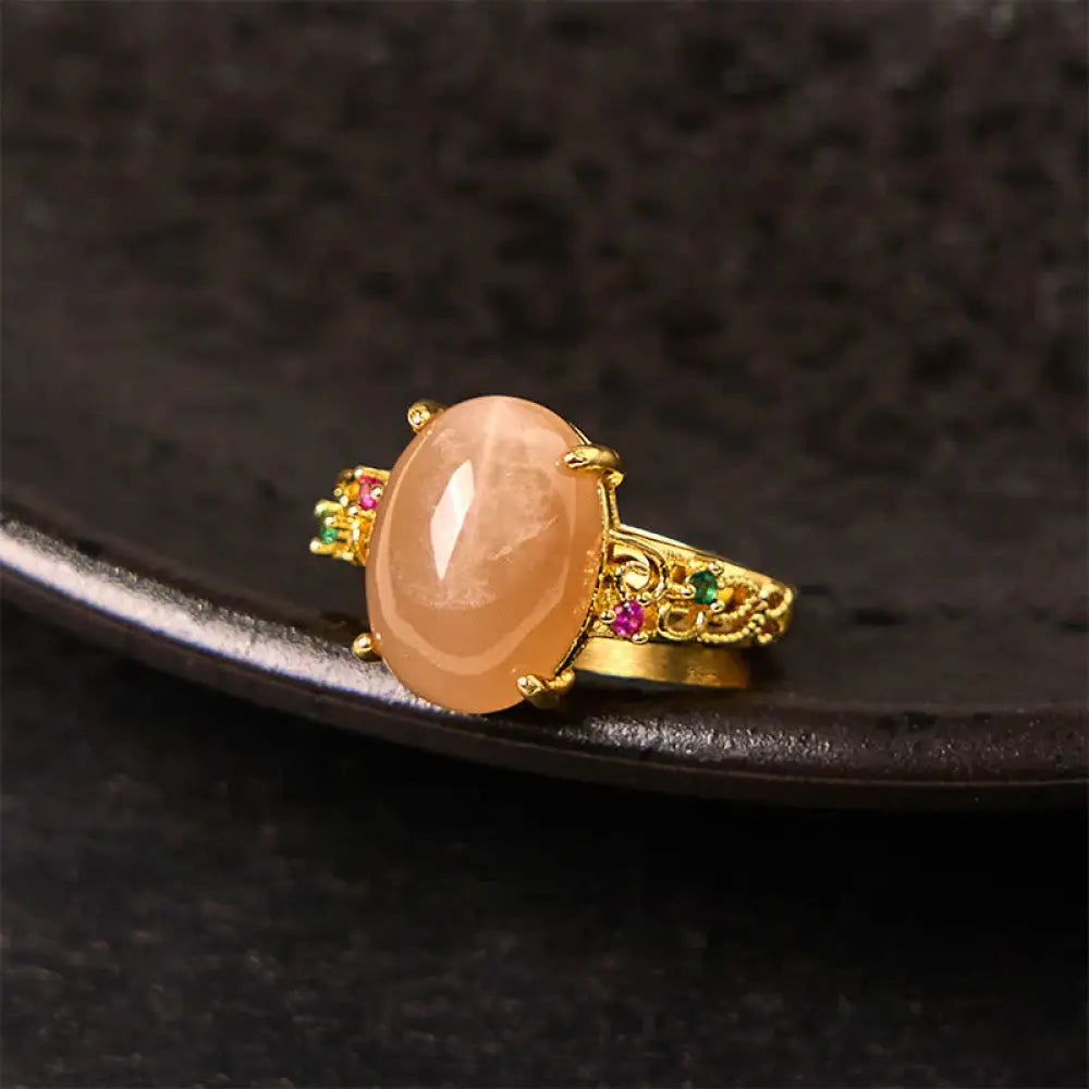 BWOOOH Hollow Vine Design Peach Moonstone Adjustable Happiness Ring — Moonstone crystal healing bracelet for spiritual hea...