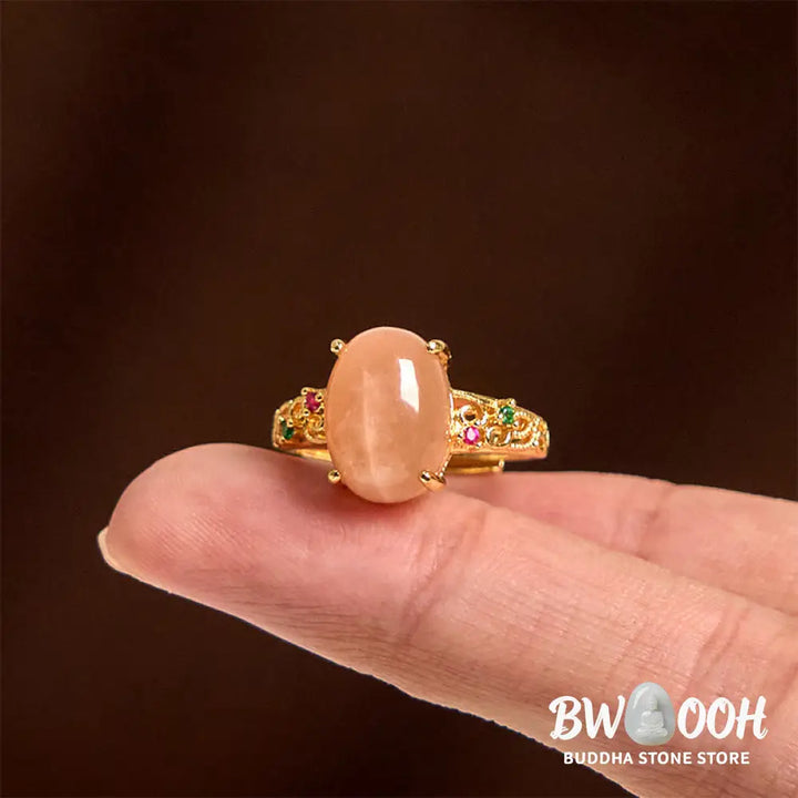Buddha Stones Hollow Vine Design Peach Moonstone Adjustable Happiness Ring - Peach Moonstone(Size: about