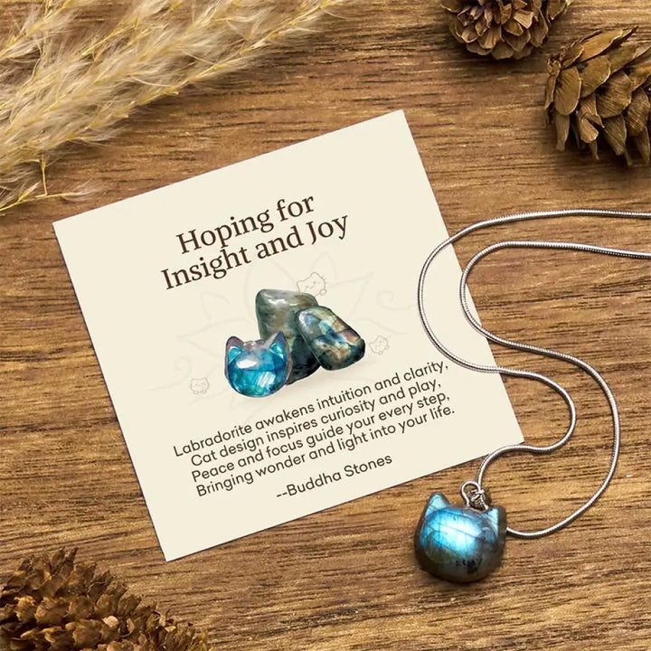 Buddha Stones ’Hoping for Insight and Joy’ Cat Labradorite Necklace Includes Gift Message Card - BWOOOH