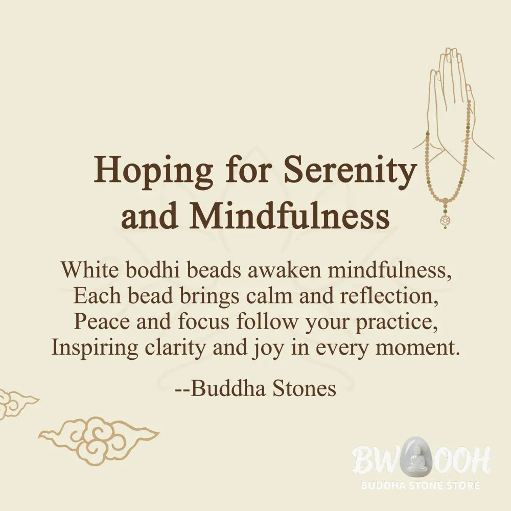 BWOOOH Bodhi Lotus Mala necklace, handcrafted with 108 natural Bodhi seeds (mix of 6x8mm and 8x10mm) and a central, delicate Lotus flower pendant. This spiritual meditation tool, designed for serenity and mindfulness, is artfully displayed with its accompanying gift message card. Promotes enlightenment, peace, and resilience. - View 3