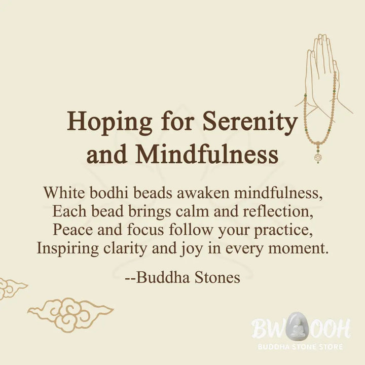 BWOOOH Bodhi Lotus Mala necklace, handcrafted with 108 natural Bodhi seeds (mix of 6x8mm and 8x10mm) and a central, delicate Lotus flower pendant. This spiritual meditation tool, designed for serenity and mindfulness, is artfully displayed with its accompanying gift message card. Promotes enlightenment, peace, and resilience. - View 3