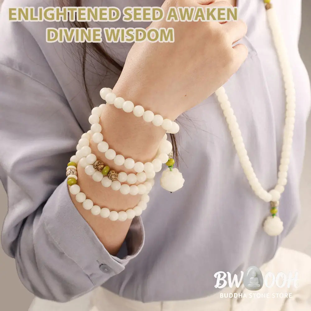 BWOOOH Bodhi Lotus Mala necklace, handcrafted with 108 natural Bodhi seeds (mix of 6x8mm and 8x10mm) and a central, delicate Lotus flower pendant. This spiritual meditation tool, designed for serenity and mindfulness, is artfully displayed with its accompanying gift message card. Promotes enlightenment, peace, and resilience. - View 4