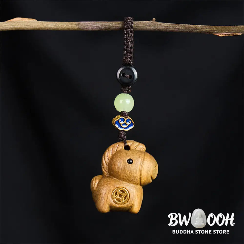 Buddha Stones 'Hoping You Have a Joyful Year' Year of the Horse Rainbow Eucalyptus Small Leaf Red Sandalwood Key Chain