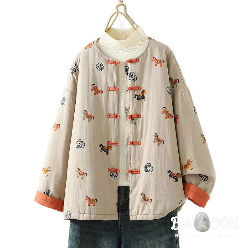 Buddha Stones Horse Fu Character Pattern Frog-Button Design Women’s Long Sleeve Thickened Jacket - Women’s Jacket