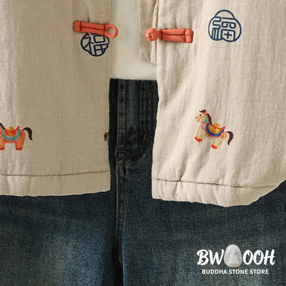 Buddha Stones Horse Fu Character Pattern Frog-Button Design Women’s Long Sleeve Thickened Jacket - Women’s Jacket