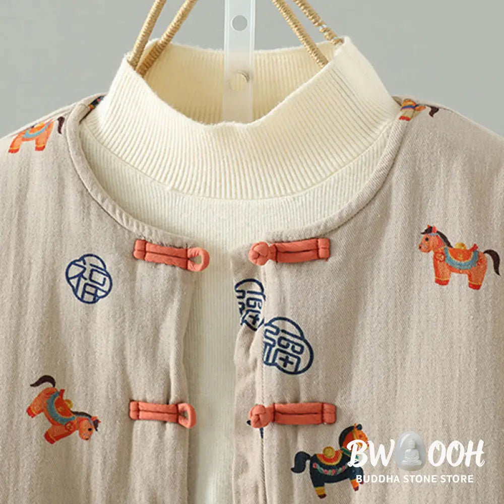 Buddha Stones Horse Fu Character Pattern Frog-Button Design Women’s Long Sleeve Thickened Jacket - Women’s Jacket