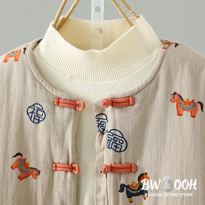 Buddha Stones Horse Fu Character Pattern Frog-Button Design Women’s Long Sleeve Thickened Jacket - Women’s Jacket