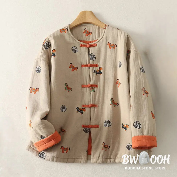 Buddha Stones Horse Fu Character Pattern Frog-Button Design Women’s Long Sleeve Thickened Jacket - Women’s Jacket