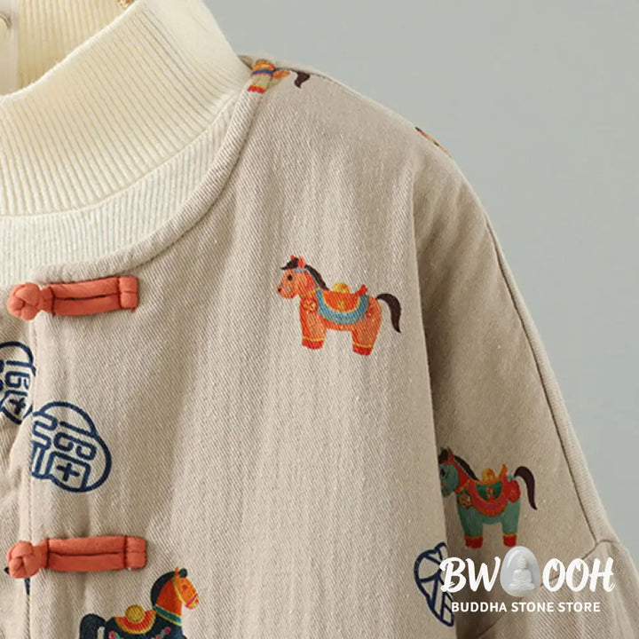 Buddha Stones Horse Fu Character Pattern Frog-Button Design Women’s Long Sleeve Thickened Jacket - Women’s Jacket