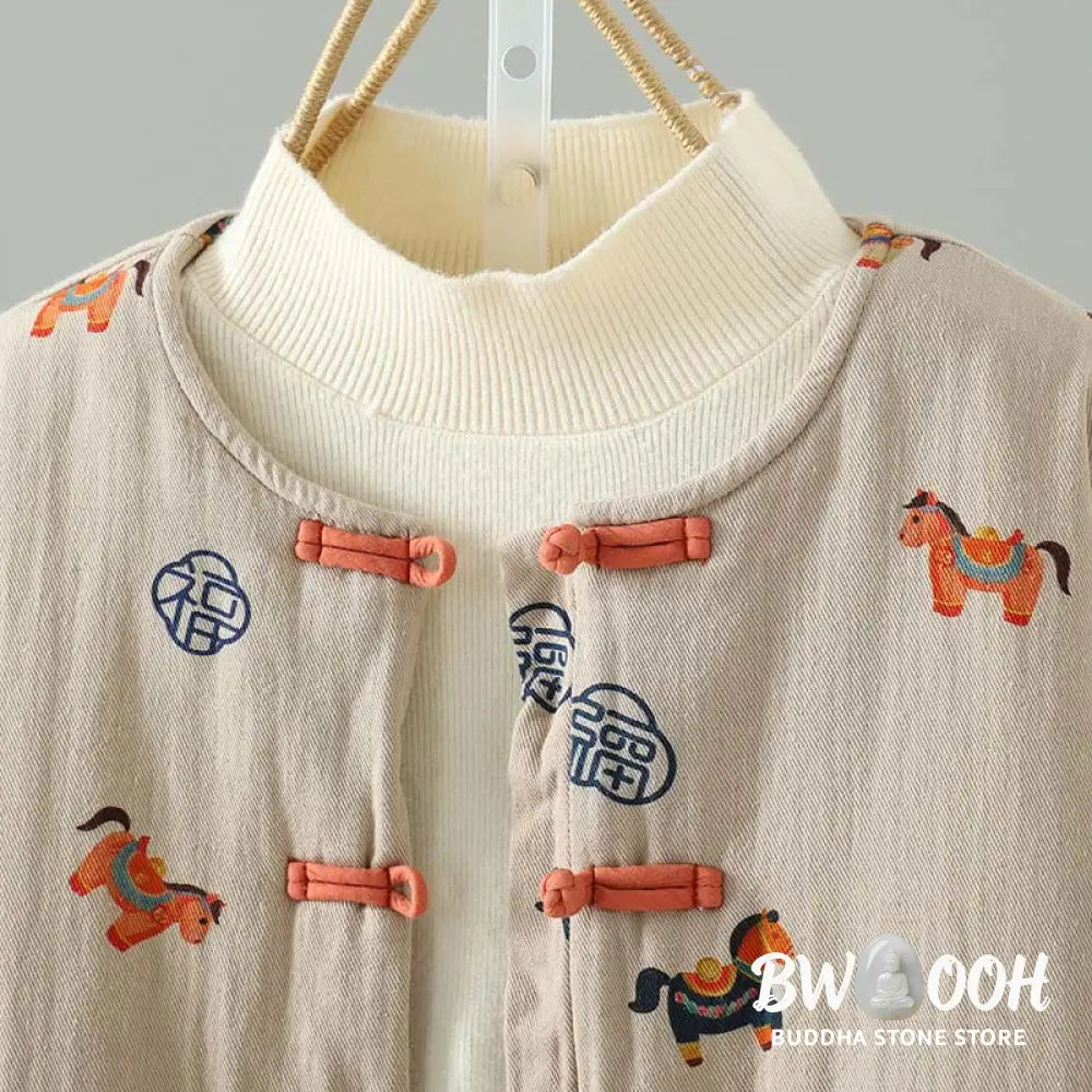 Buddha Stones Horse Fu Character Pattern Frog-Button Design Women’s Long Sleeve Thickened Jacket - Women’s Jacket
