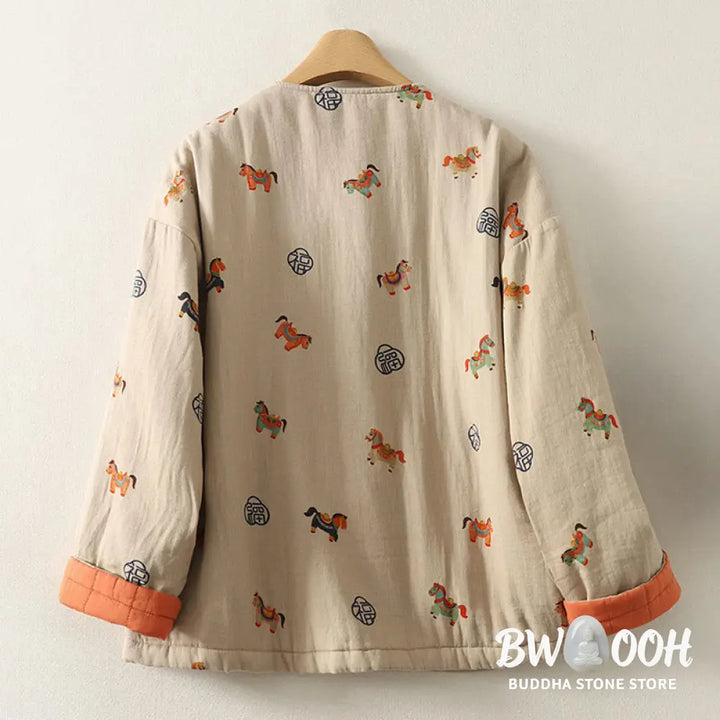 Buddha Stones Horse Fu Character Pattern Frog-Button Design Women’s Long Sleeve Thickened Jacket - Women’s Jacket