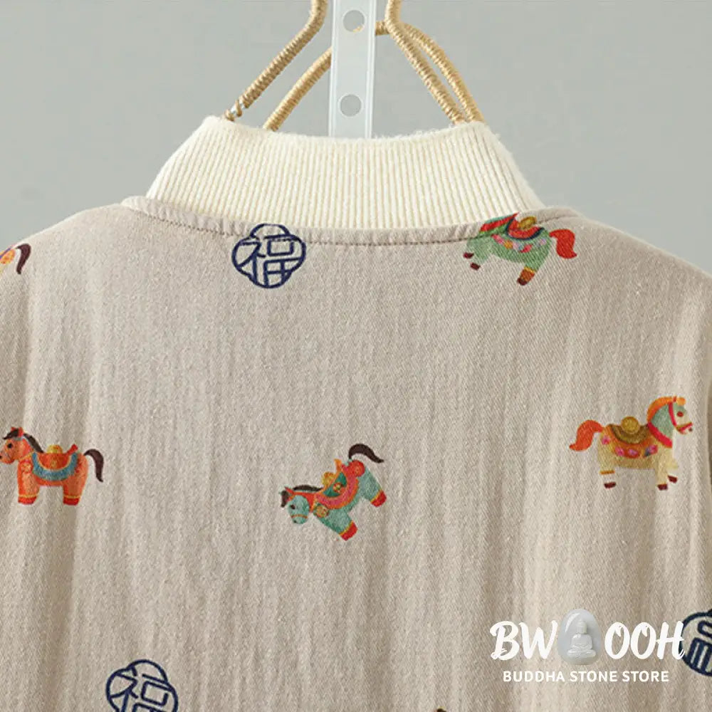 Buddha Stones Horse Fu Character Pattern Frog-Button Design Women’s Long Sleeve Thickened Jacket - Women’s Jacket