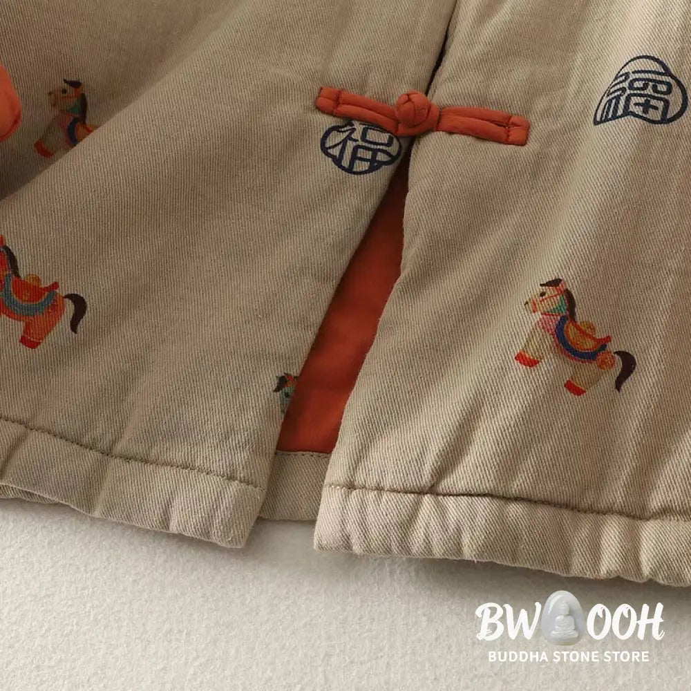 Buddha Stones Horse Fu Character Pattern Frog-Button Design Women’s Long Sleeve Thickened Jacket - Women’s Jacket