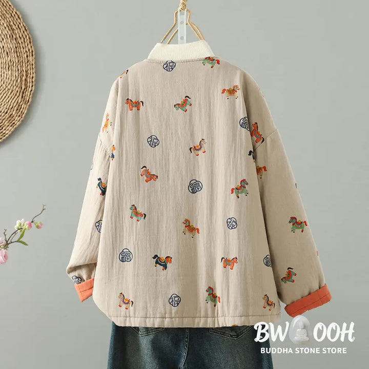Buddha Stones Horse Fu Character Pattern Frog-Button Design Women’s Long Sleeve Thickened Jacket - Women’s Jacket