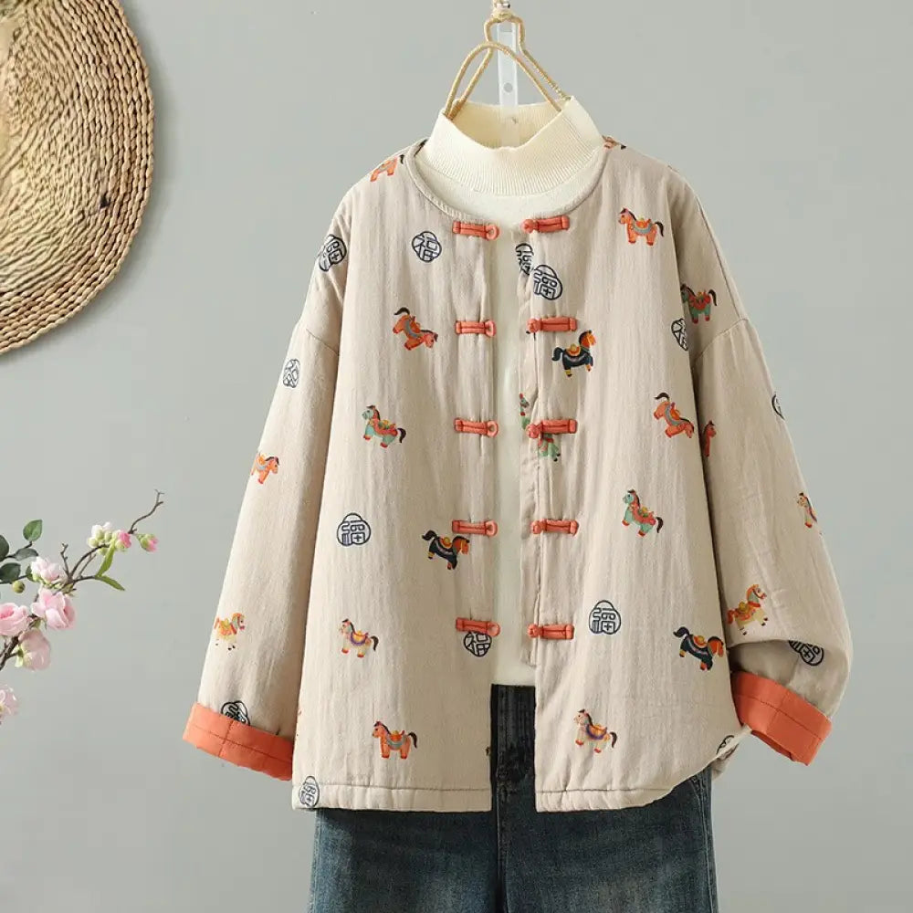 BWOOOH Horse Fu Character Pattern Frog-Button Design Wome