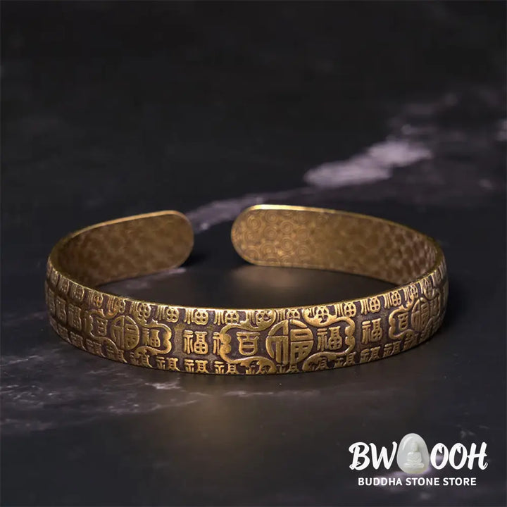Buddha Stones Hundred Blessings Fu Character Copper Brass Luck Bracelet Bangle - BWOOOH - Copper(Wrist Circumference: