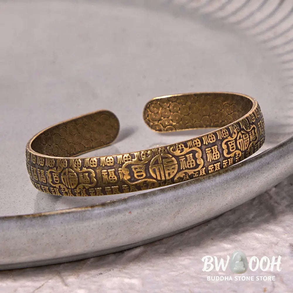 Buddha Stones Hundred Blessings Fu Character Copper Brass Luck Bracelet Bangle - BWOOOH - Copper(Wrist Circumference: