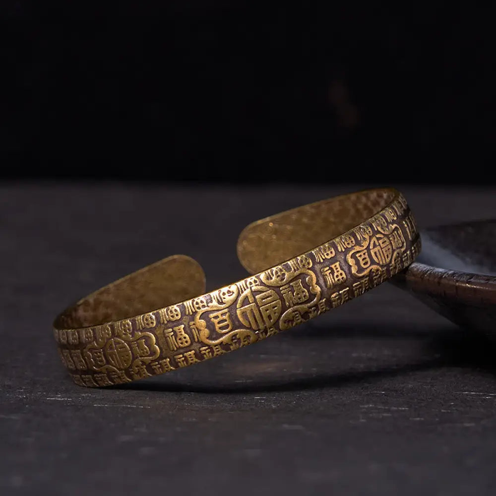 BWOOOH Hundred Blessings Fu Character Copper Brass Luck Bracelet Bangle - BWOOOH - Copper(Wrist Circumference: