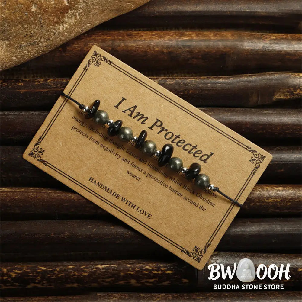 Buddha Stones I Am Protected Iron Pyrite Black Obsidian Fulfillment Bracelet - BWOOOH - I Am Protected(Wrist