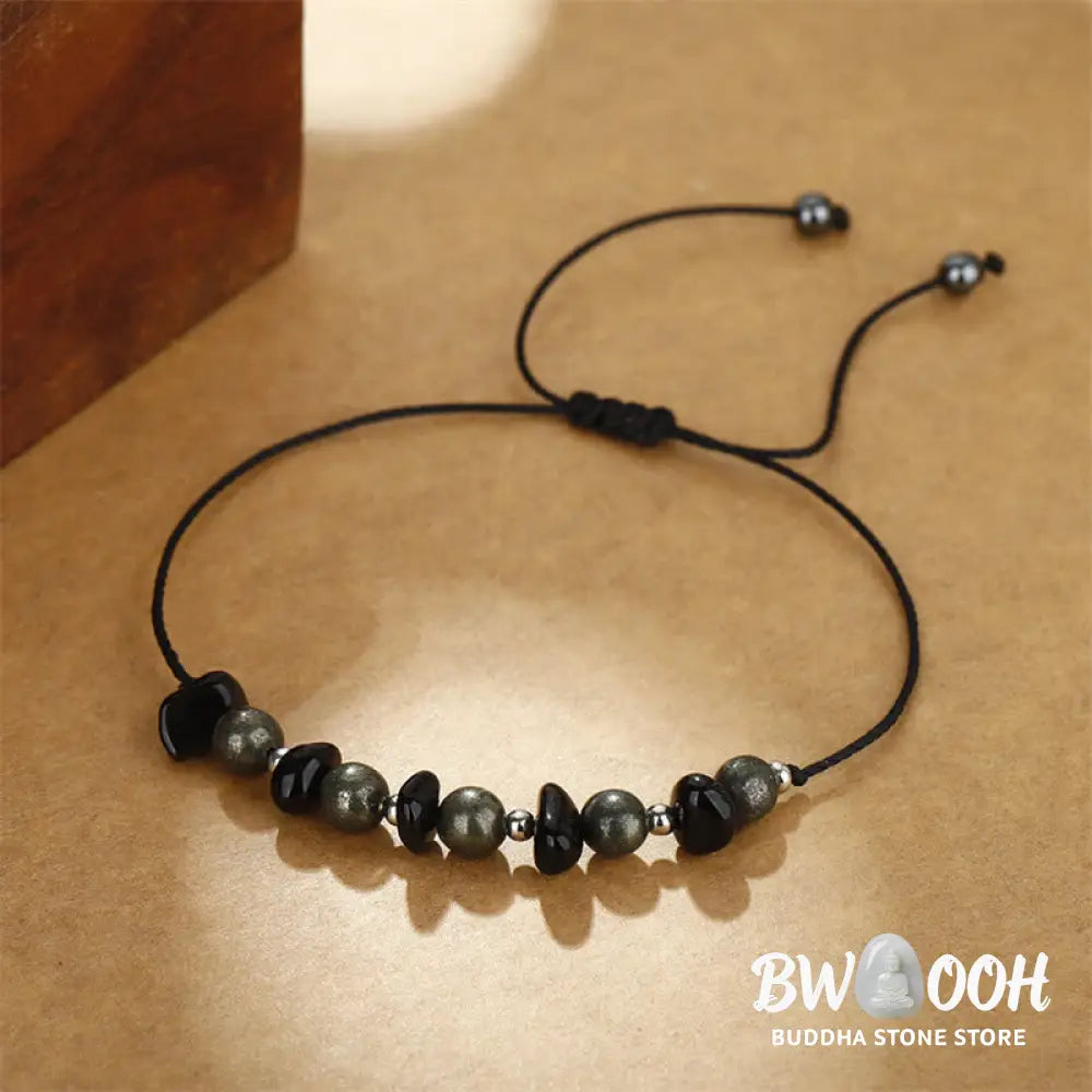 Buddha Stones I Am Protected Iron Pyrite Black Obsidian Fulfillment Bracelet - BWOOOH - I Am Protected(Wrist