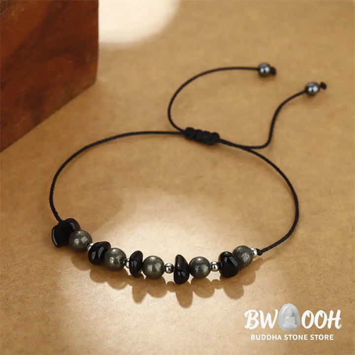 Buddha Stones I Am Protected Iron Pyrite Black Obsidian Fulfillment Bracelet - BWOOOH - I Am Protected(Wrist