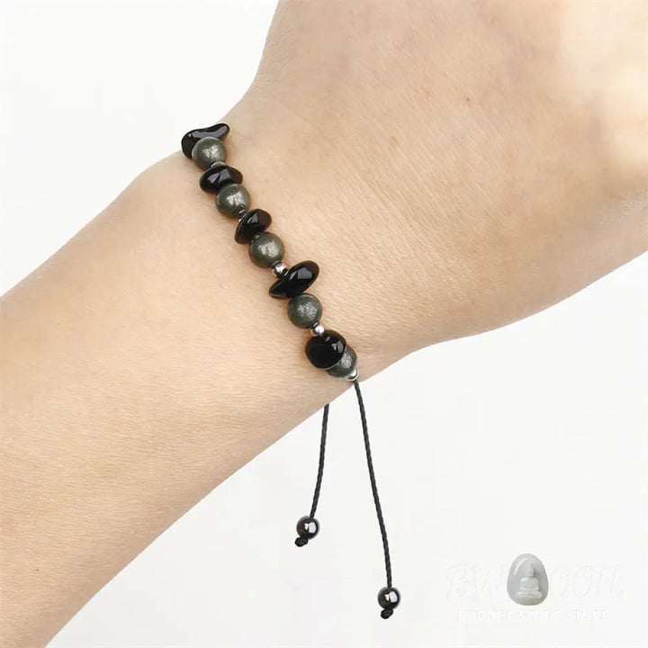 Buddha Stones I Am Protected Iron Pyrite Black Obsidian Fulfillment Bracelet - BWOOOH - I Am Protected(Wrist