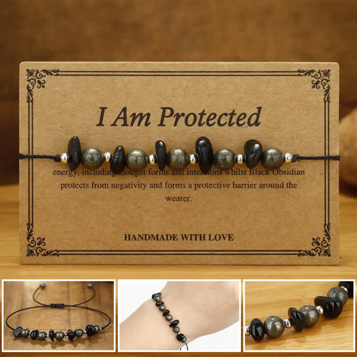 BWOOOH I Am Protected Iron Pyrite Black Obsidian Fulfillment Bracelet — Pyrite black obsidian bracelet for spiritual heali...