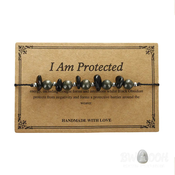 Buddha Stones I Am Protected Iron Pyrite Black Obsidian Fulfillment Bracelet - BWOOOH - I Am Protected(Wrist