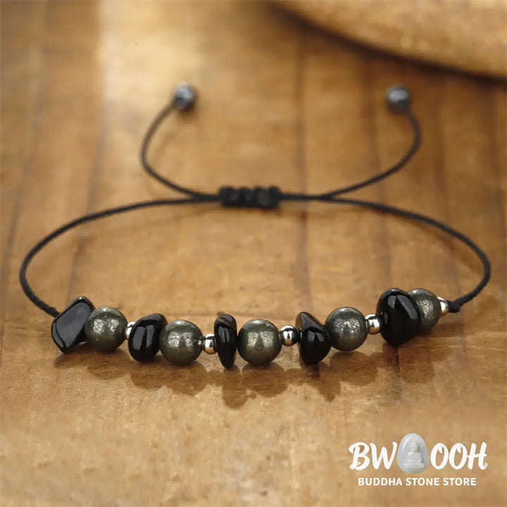 Buddha Stones I Am Protected Iron Pyrite Black Obsidian Fulfillment Bracelet - BWOOOH - I Am Protected(Wrist
