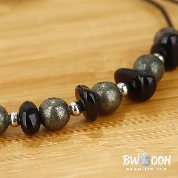 Buddha Stones I Am Protected Iron Pyrite Black Obsidian Fulfillment Bracelet - BWOOOH - I Am Protected(Wrist