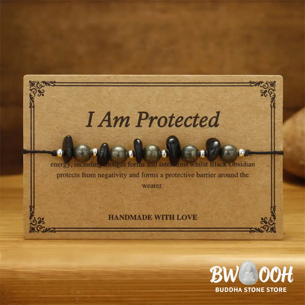 Buddha Stones I Am Protected Iron Pyrite Black Obsidian Fulfillment Bracelet - BWOOOH - I Am Protected(Wrist