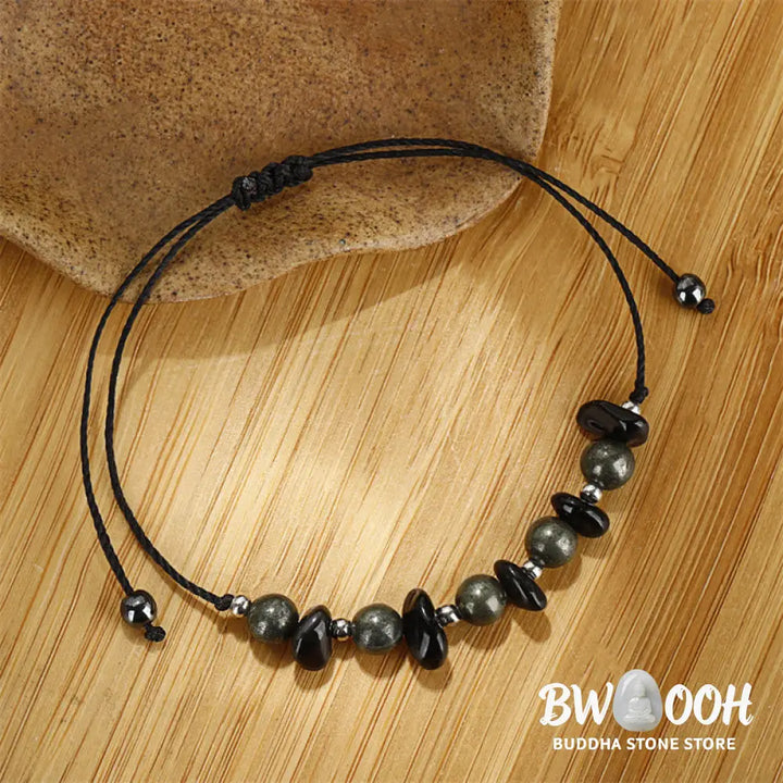 Buddha Stones I Am Protected Iron Pyrite Black Obsidian Fulfillment Bracelet - BWOOOH - I Am Protected(Wrist