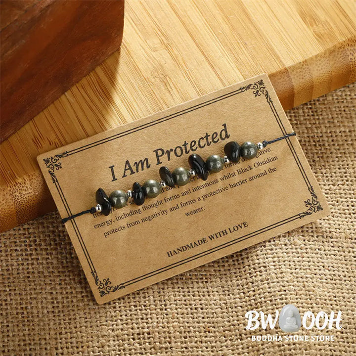 Buddha Stones I Am Protected Iron Pyrite Black Obsidian Fulfillment Bracelet - BWOOOH - I Am Protected(Wrist