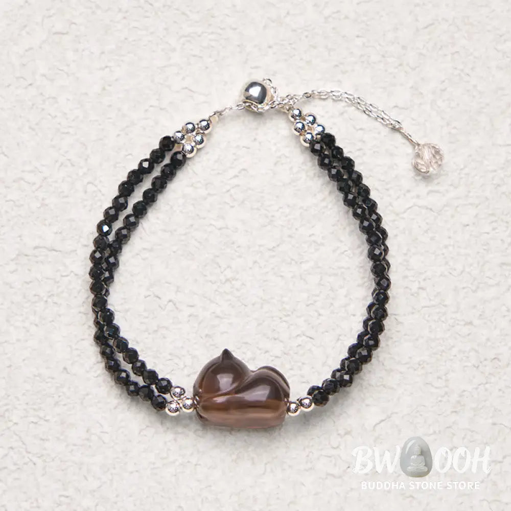 Buddha Stones Ice Obsidian Black Spinel Lying Cat Courage Double Layer Bracelet - BWOOOH - Ice Obsidian(Wrist