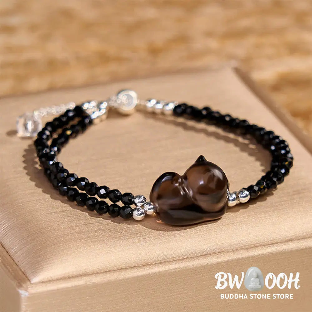 Buddha Stones Ice Obsidian Black Spinel Lying Cat Courage Double Layer Bracelet - BWOOOH - Ice Obsidian(Wrist