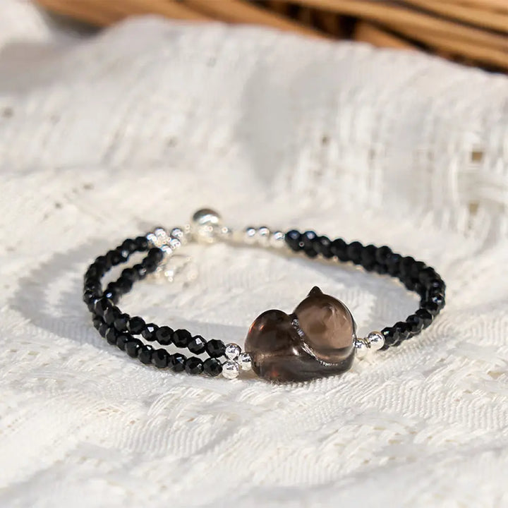 BWOOOH Ice Obsidian Black Spinel Lying Cat Courage Double Layer Bracelet — Obsidian black obsidian bracelet for spiritual ...