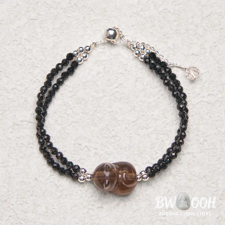 Buddha Stones Ice Obsidian Black Spinel Lying Cat Courage Double Layer Bracelet - BWOOOH - Ice Obsidian(Wrist