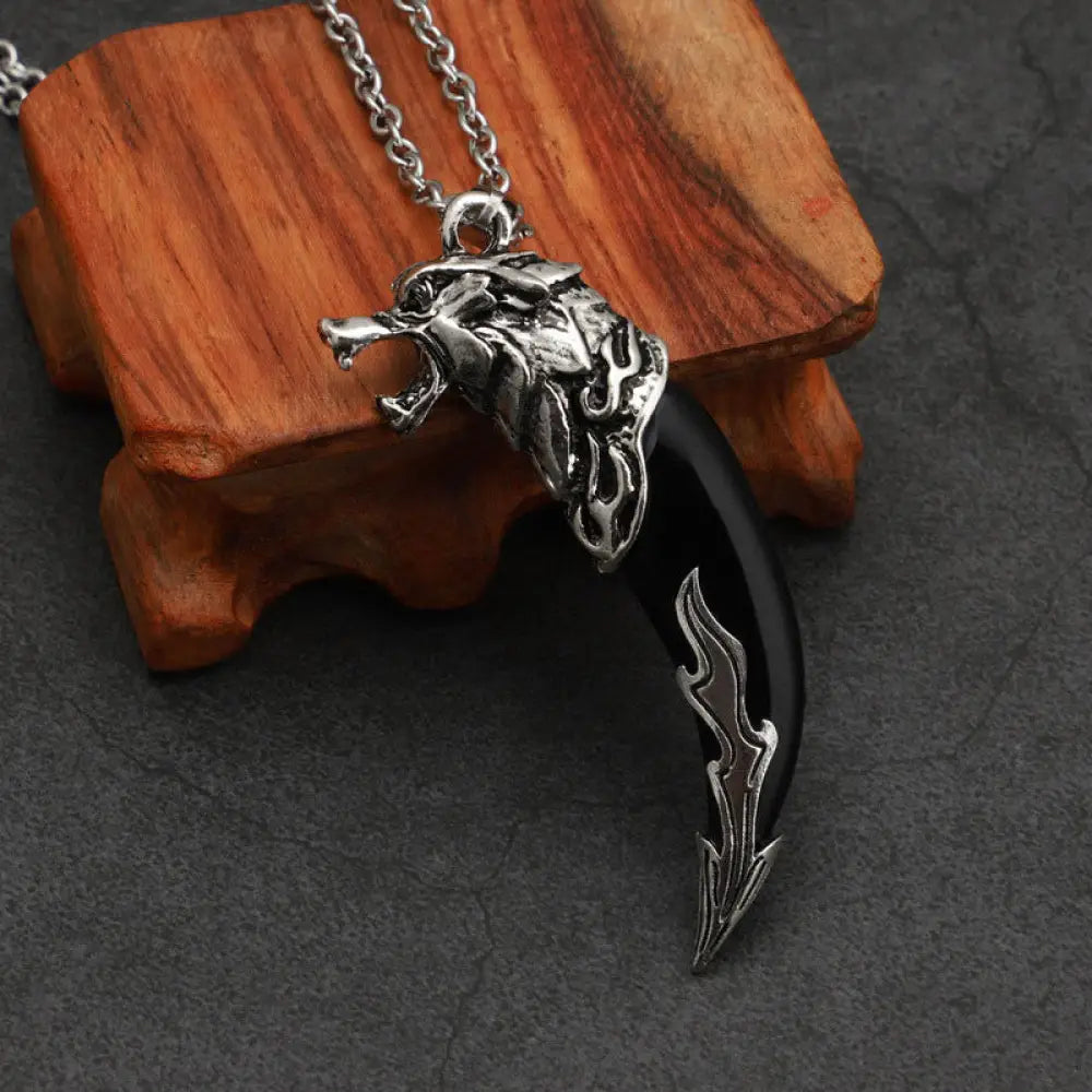 Buddha Stones Imitation Wolf Tooth Titanium Steel Balance Necklace Pendant - BWOOOH - Black Imitation Wolf Tooth